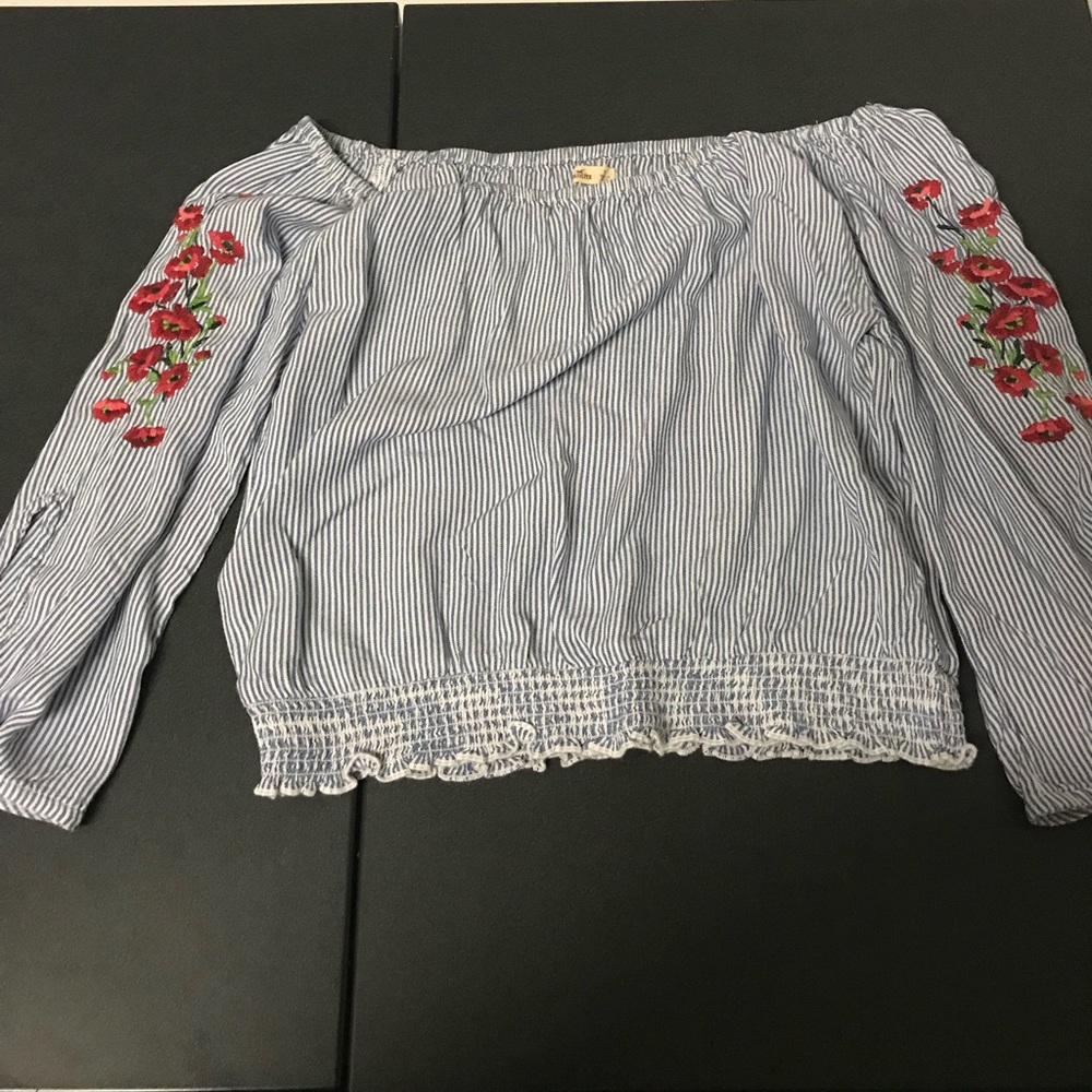 Hollister Striped Embroidered Off the Shoulder Top